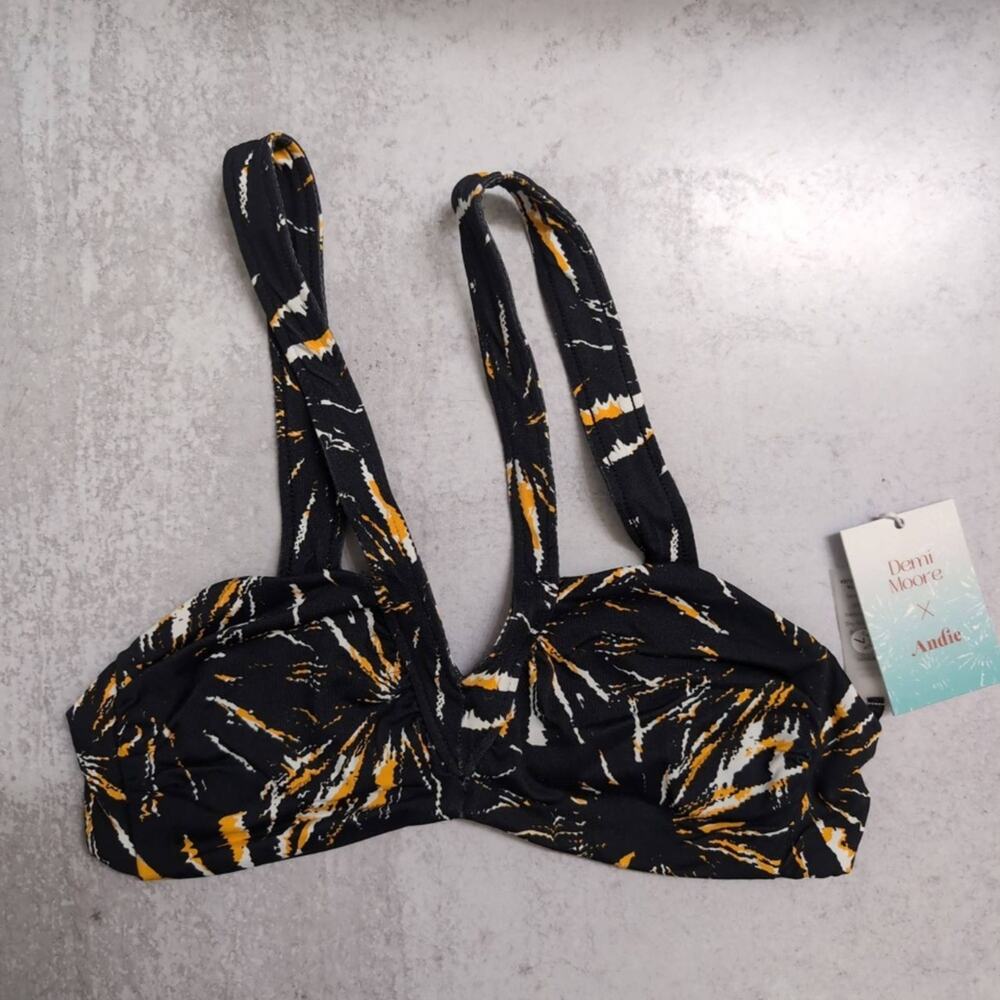 NWT Andie x Demi Moore Black Firework Print V-Neck Monaco Bikini Top S